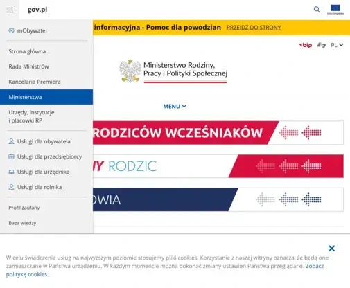 Zrzut ekranu strony głównej strony Ministerstwa Rodziny