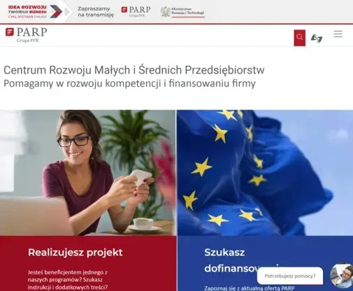 Zrzut ekranu strony głównej strony Polska Agencja Rozwoju Przedsiębiorczości