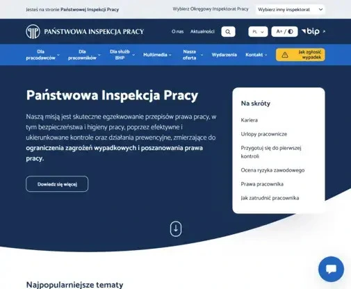 Zrzut ekranu strony głównej strony Państwowej Inspekcji Pracy