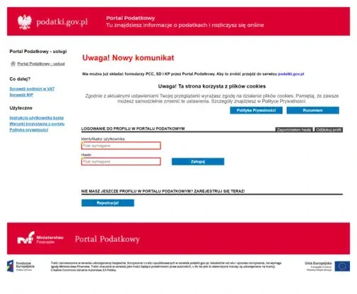 Zrzut ekranu strony głównej strony Portal podatkowy